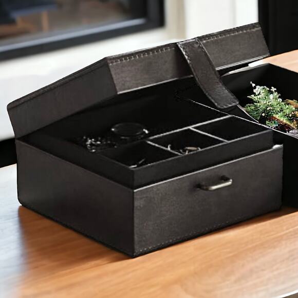PB Black LEATHER JEWELRY BOX + TRAY Mens Ladies 8” Square Dresser Organizer - Picture 13 of 13
